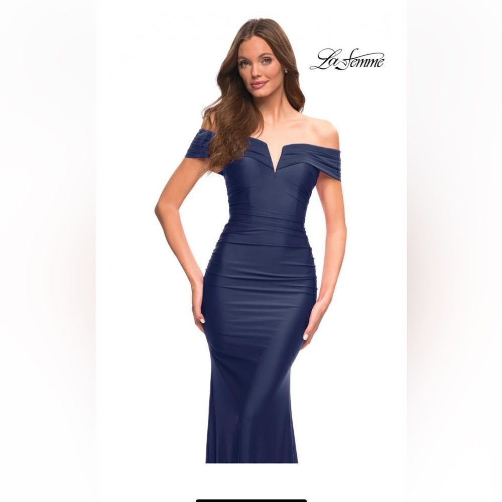 La Femme 30582 Off The Shoulder Jersey Gown Navy Nwt 14 Msrp $ 389.00